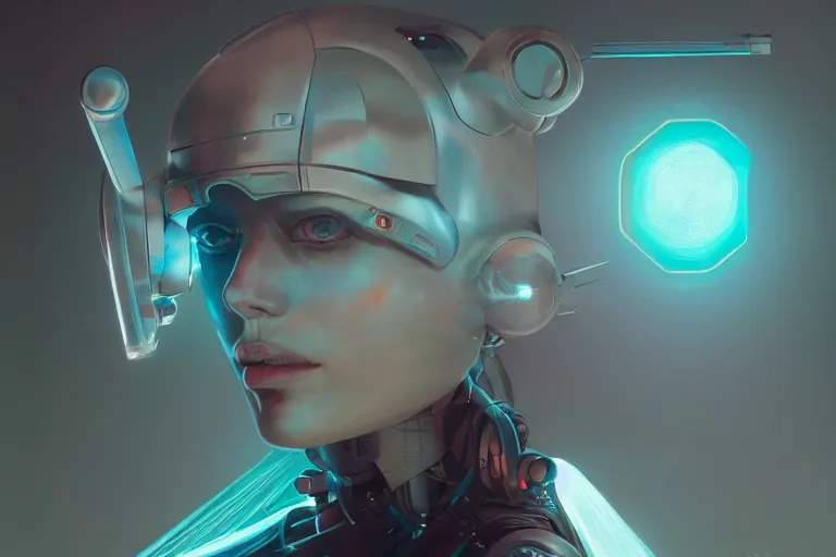 Image similar to highly detailed surreal vfx portrait of a robot android, stephen bliss, unreal engine, greg rutkowski, loish, rhads, beeple, makoto shinkai and lois van baarle, ilya kuvshinov, rossdraws, tom bagshaw, global illumination, detailed and intricate environment