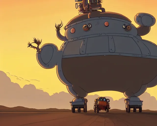 Image similar to a cell shaded cartoon giant grey lovecraftian mechanized emu from howl's moving castle ( 2 0 0 4 ), with a big head, on a desert road, wide shot, sunset, golden hour, muted colors, post grunge, josan gonzales, wlop, by james jean, victor ngai, hq, deviantart, art by artgem