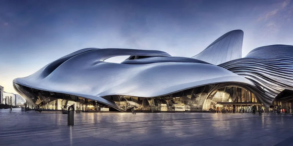 Image similar to extremely elegant smooth detailed stunning sophisticated beautiful elegant futuristic museum exterior by Zaha Hadid, Milan buildings in the background, smooth curvilinear design, stunning volumetric light, stainless steal, concrete, translucent material, beautiful sunset, tail lights