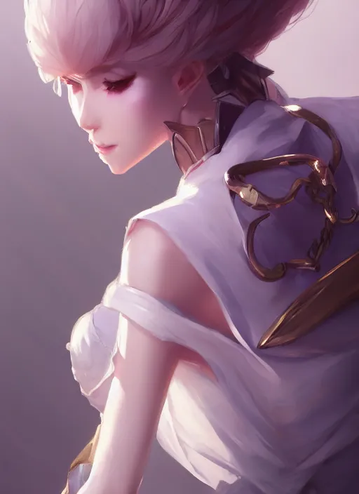 Image similar to leblanc, wide angle view, white, black, blue, pink, gold, highly detailed, artgerm, cushart krenz, zeronis, sakimichan, trending on artstation, soft light, sharp edges, illustration, character design, concept art