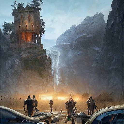 Image similar to epic masterpiece of cinematographic hyperrealism where a group of archeologists appears in front of the dread tower. realistic shaded lighting poster by craig mallismo, artgerm, jeremy lipkin and michael garmash, unreal engine, radiant light, detailed and intricate environment, digital art, art station trends