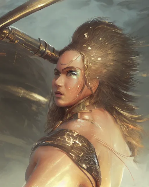 Prompt: A thick beautiful female warrior posing on a boat, bikini, beautiful face, close-up, fantasy woman, fantasy art, in the style of greg rutkowski, illustration, epic, fantasy, intricate, hyper detailed, artstation, concept art, smooth, sharp focus, ray tracing, profile shot
