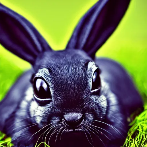 Prompt: cute big eyed alien bunny sitting in grass, puppy eyes, hyper realism, 8 k, dslr, dynamic lighting, epic background,