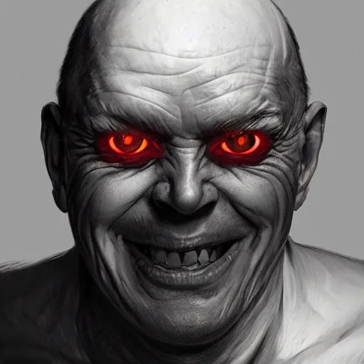 Image similar to portrait of a red bald man with black eyes and a black smile, horror, glowing eyes, by Stanley Artgerm Lau , greg rutkowski, thomas kindkade, alphonse mucha, loish, norman rockwell. Trending on artstation detailed illustration hd 4k