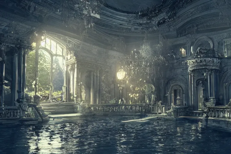 Image similar to the most amazing dream you ever had about mansion of elemental of water, hyper realistic, ambient lighting, concept art, intricate, hyper detailed, smooth, dynamic volumetric lighting, octane, cinematic