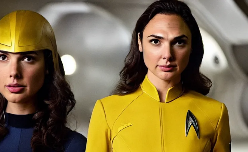 Image similar to Gal Gadot, wearing a yellow uniform, is the captain of the starship Enterprise in the new Star Trek movie