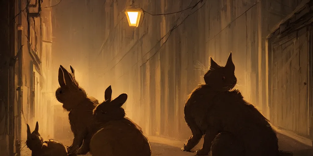 Prompt: rabbit is talking with a cat in a dark alley, warm color palette, night time, dramatic lighting, noir film, fine details, high contrast, blacksad, kim jung gi, greg rutkowski, trending on artstation, 8 k, ultra wide angle