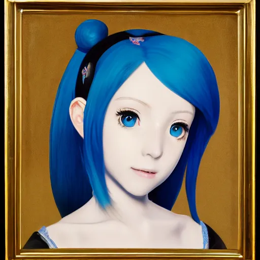 Prompt: a portrait of the young lady hatsune miku of the house lancaster, blue eyes, blue hair, porcelain skin, national portrait gallery