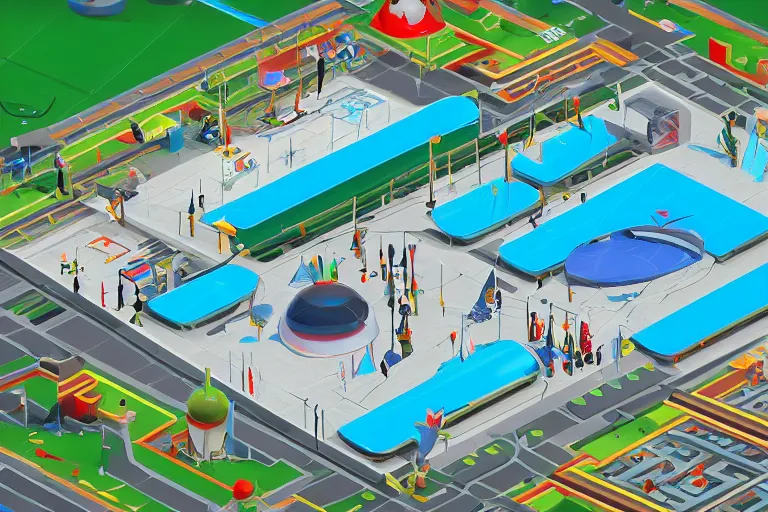 Image similar to isometric view of a futuristic high - tech sky arena inspired by modern skate parks and modern chinese playgrounds in the style of mario 3 d world, day