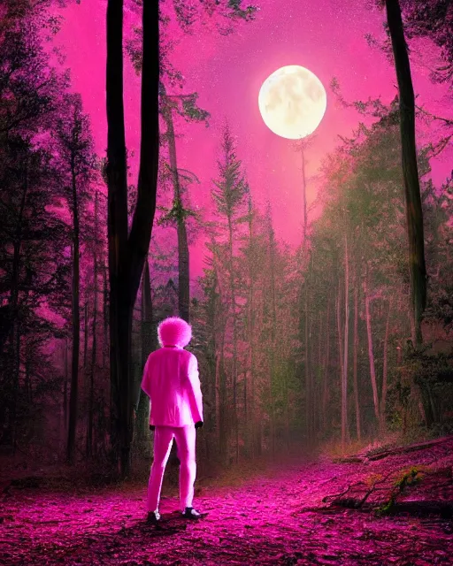 Prompt: man with pink glowing afro wearing disco jacket, standing in atmospheric spring forest at night, high contrast photoshop digital painting, realistic shading, beautiful moon lighting, best of artstation 4 k