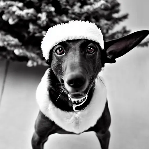 Image similar to santa's little helper dog as a real person, black and white photo