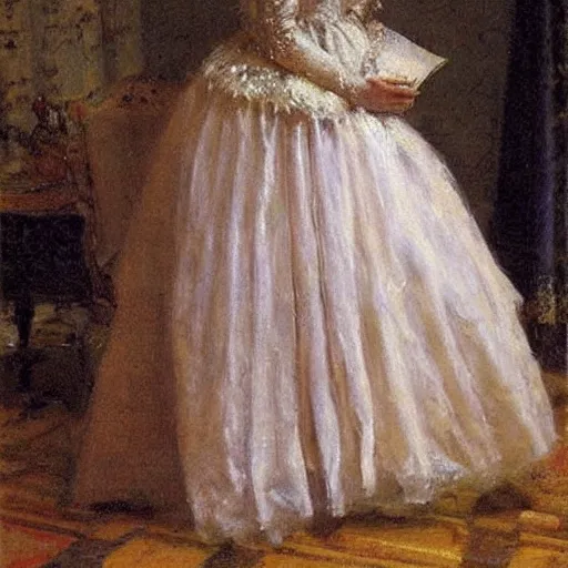 Image similar to victorian girl in ball gown absent - mind looking at her dance card, painting by alfred stevens