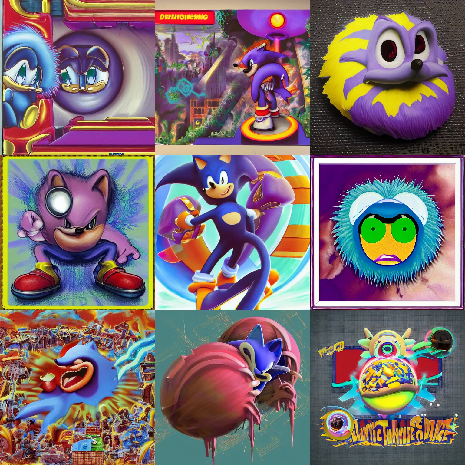 Prompt: sonic hedgehog portrait deconstructivist claymation scifi matte painting lowbrow tongue surreal sonic hedgehog, retro moulded professional soft pastels high quality airbrush art album cover of a liquid dissolving airbrush art tongue sonic the hedgehog swimming through dreams purple fisheye checkerboard background 1 9 9 0 s 1 9 9 2 sega genesis video game album cover