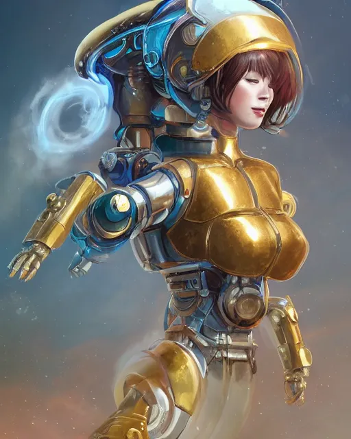 Prompt: holy cyborg girl with golden armor, elegant, scifi, jetpack, alien world, futuristic, utopia, garden, colorful, lee ji - eun, illustration, atmosphere, top lighting, blue eyes, focused, artstation, highly detailed, art by yuhong ding and chengwei pan and serafleur and ina wong