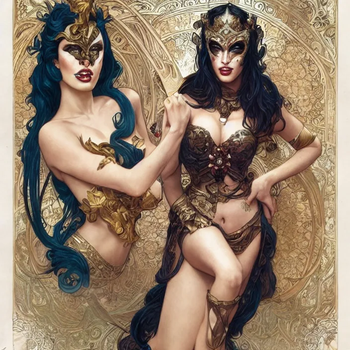 Prompt: megan fox wearing venetian carnival masks by artgerm, greg rutkowski, alphonse mucha