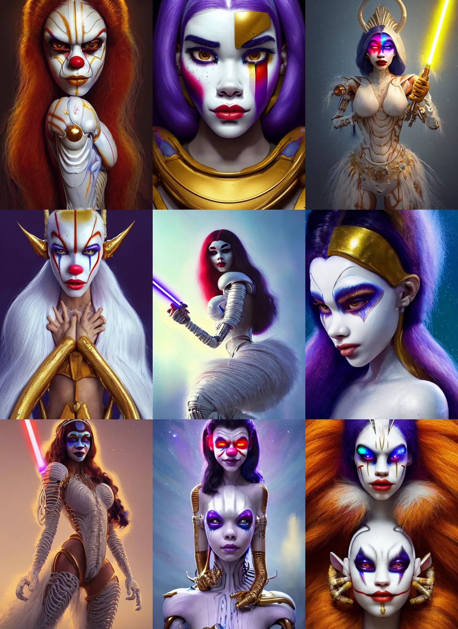 Prompt: madison beer : : bright white sparkly polished clowncore weta cyborg : : disney pixar star wars movie still photo : : soft, tribal queen, hi - fructose, sci fi layered decadent highly - detailed painting, golden ratio, octane render, artstation, smooth, sharp focus, marc simonetti, artgerm, mucha, loish, wlop