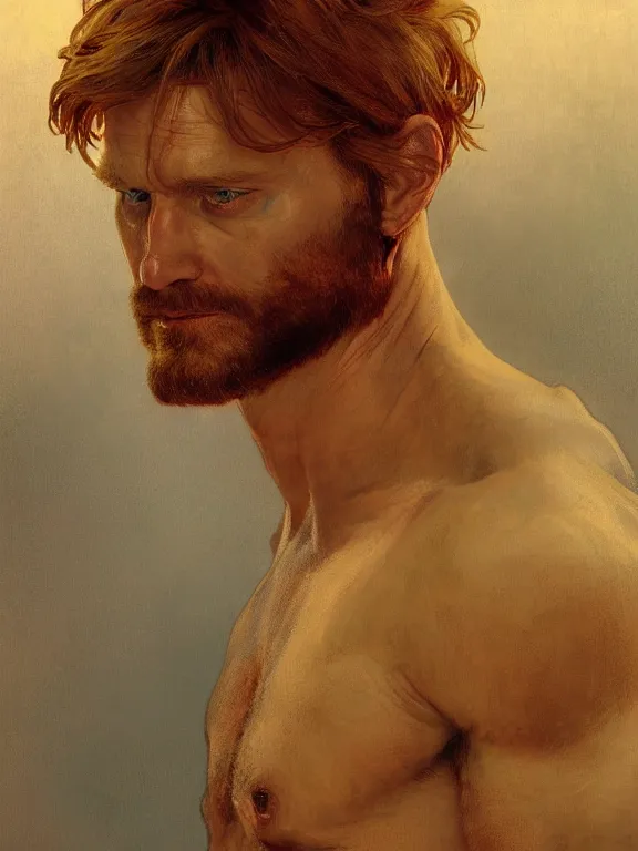 Image similar to painted portrait of rugged tobi maguire god of thunder, norse god, red hair, masculine, mature, handsome, upper body, red and gold, muscular, hairy torso, fantasy, intricate, muscular, elegant, highly detailed, digital painting, artstation, concept art, smooth, sharp focus, illustration, art by gaston bussiere and alphonse mucha