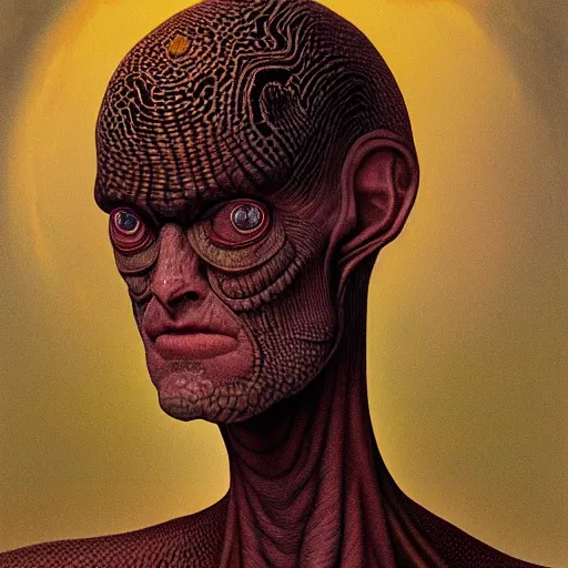 Image similar to facial portrait of tall, long-necked lipless mutant with scaled face and serpent eyes wearing gauze toga and standing in science fiction art deco mosque, alien bestiary by Barlowe, Greg Rutkowski, and Yoshitaka Amano