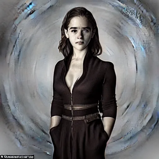Image similar to a woman who is a genetic combination of emilia clarke and emma watson face and upper - body focus