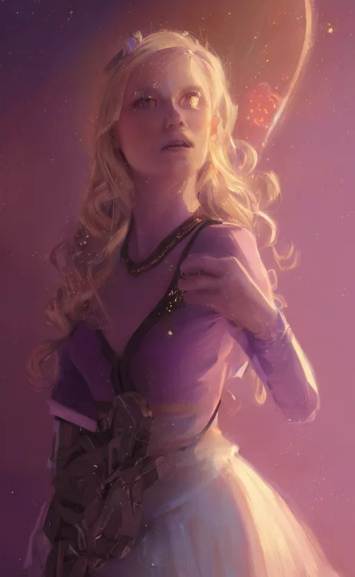 Image similar to portrait of a princess with a purple dress, blonde hair and bangsnecklace space, concept art, fantasy, highly detailed, cinematic lighting, digital painting by greg rutkowski