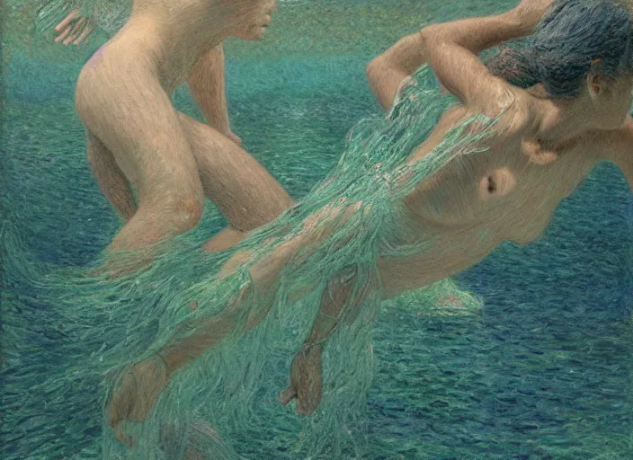 Image similar to people underwater figures, flowing cloth, in the style of matt murphy, enes dirig, jeremy enecio, intricate, miles johnston, monet, cynical realism, john william godward, painterly, yoshitaka amano, miles johnston, louise zhang, matt murphy, enes dirig, pekka halonen, finnish naturalism, realism