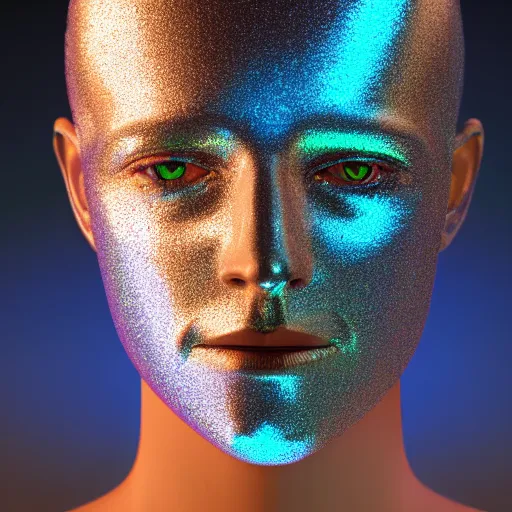 Image similar to 3d render of holographic human robotic head made of glossy iridescent, surrealistic 3d illustration of a human face non-binary, non binary model, 3d model human, cryengine, made of holographic texture, holographic material, holographic rainbow, concept of cyborg and artificial intelligence