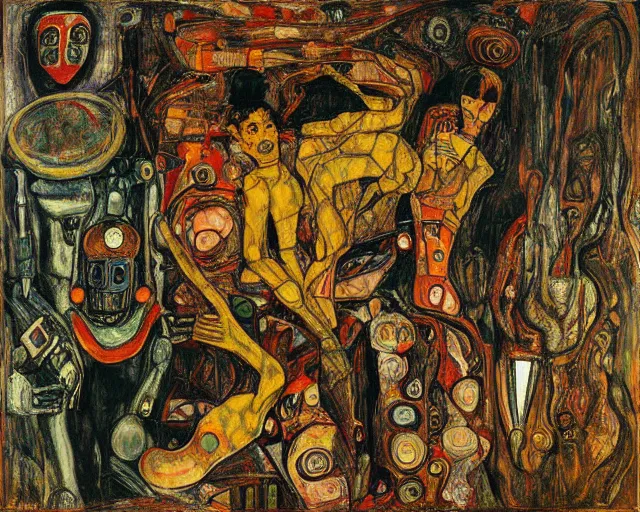 Image similar to a painting of a aliens and robots by graham sutherland, egon schiele, gustav klimt, expressionism