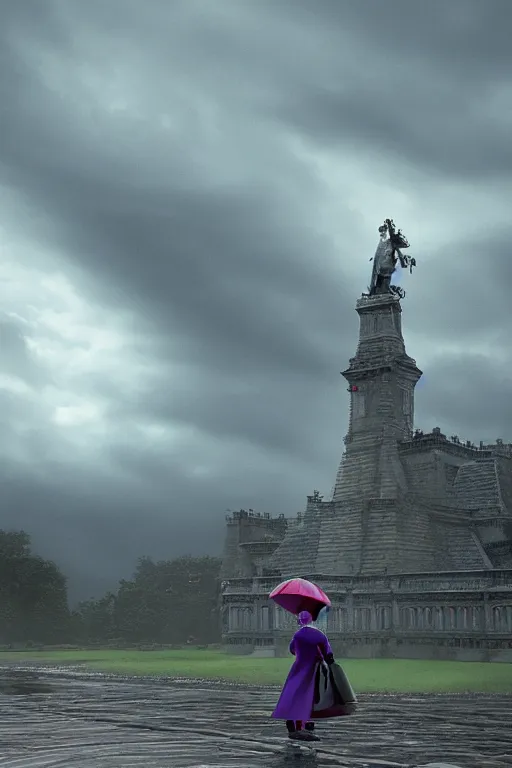 Prompt: Queen Elizabeth getting caught in the rain. Pixar animation, sharp, Rendered in Redshift and Unreal Engine 5 by Greg Rutkowski, Bloom, dramatic moody high contrast lighting, dusk, dramatic stormy sky, single light showing in palace