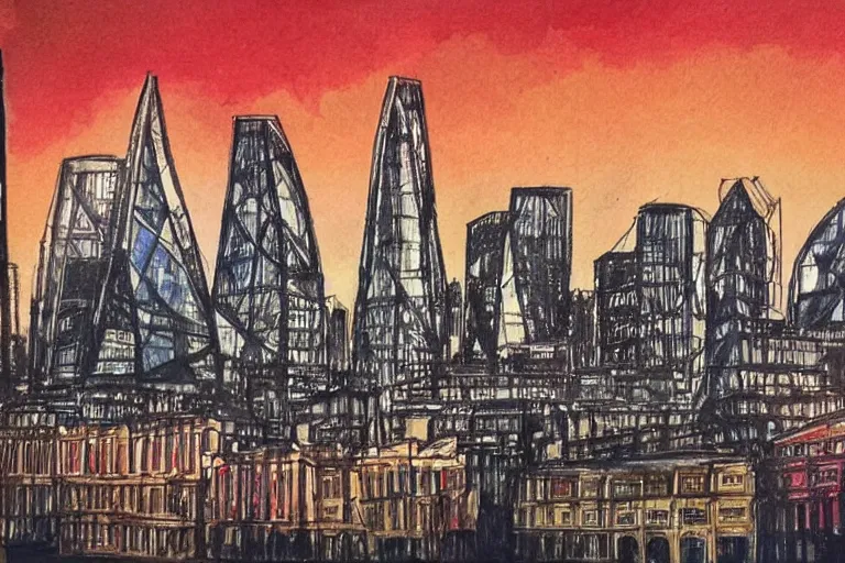 Image similar to color sketch of the london skyline, highly detailed, dramatic lighting, intense shadows, rich deep colours, by rupi kaur
