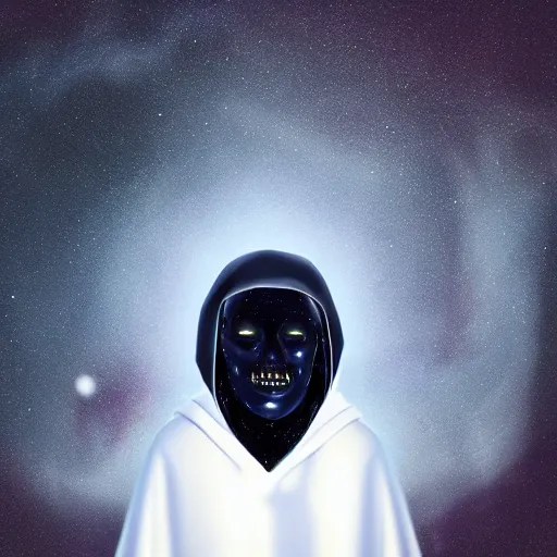 Prompt: award - winning. trending on artstation. 4 k. a faceless astral figure wearing a hooded cape made of the night sky with 1 dark blue glowing eye on its face and rows of teeth on its chest. full - body.