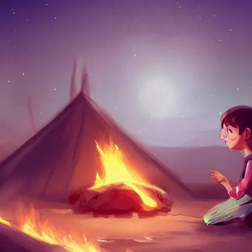 Image similar to child sitting in front of Arabian camp on fire , artstation