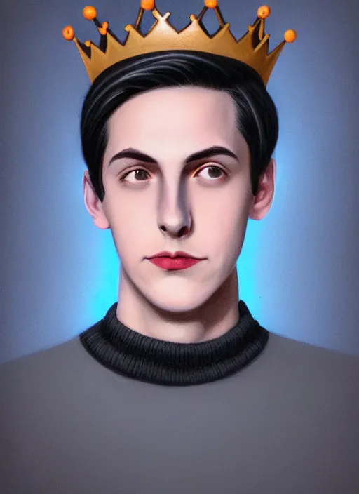 Image similar to portrait of teenage jughead jones wearing a light grey crown, crown, blue turtleneck, 1 9 5 0 s, closed eyes, photorealistic, black hair, glowing lighting, intricate, elegant, glowing lights, highly detailed, digital painting, artstation, concept art, smooth, sharp focus, illustration, art by wlop, mars ravelo and greg rutkowski