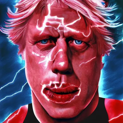 Image similar to dramatic digital drawing of boris johnson as the terminator (1984), one eye is red and glowing, half face skeleton, cinematic lighting