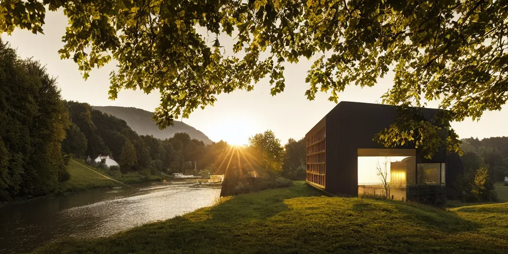 Image similar to a house by the river rhein close to mumpf designed by peter zumthor, beautiful ambient light, golden hour