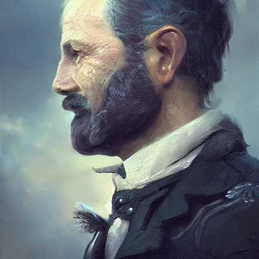 Prompt: Portrait of a middle aged general with big sideburns, muttonchops, mutton chops, detailed face, fantasy, highly detailed, cinematic lighting, digital art painting by greg rutkowski
