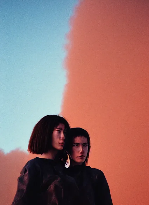 Prompt: cinestill 5 0 d photographic portrait of two loving female androids wearing rugged black techwear on a desolate plain with a red topographic sky in front of a brutalist structure, extreme closeup, cyberpunk style, dust storm, 8 k, hd, high resolution, 3 5 mm, f / 3 2, ultra realistic faces, ex machina