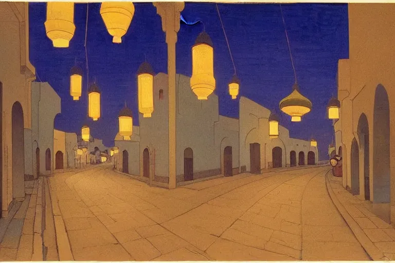 Prompt: winding street at midnight in a very old very beautiful city in saudi arabia by George Price Boyce and Nicholas Roerich and William Dyce, glowing paper lanterns, strong dramatic cinematic lighting , ornate tiled architecture, lost civilizations, smooth, sharp focus, extremely detailed