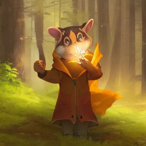 Image similar to concept art painting of an anthropomorphic anime chipmunk wearing a yellow cloak, holding a lantern, in the deep forest, realistic, detailed, cel shaded, in the style of makoto shinkai and greg rutkowski and james gurney