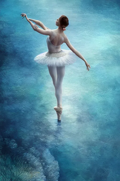 Prompt: stunningly beautiful, ballerina at the bottom of the great barrier reef by jaques cousteau, smooth, focus, highly detailed, hyper realistic, intricate, concept art, art by wlop