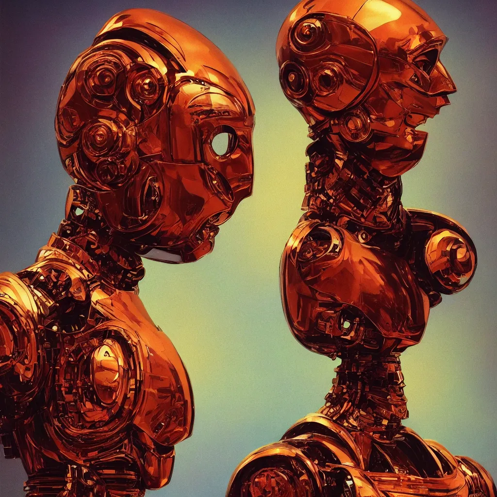 Image similar to cinematic bust portrait of psychedelic god robot from left, head and chest only, robotic improvements, part of Moebius, part of maxfield parrish, part of Thomas Ehretsmann,, oil on canvas, masterpiece, trending on artstation, cinematic composition, dramatic pose, beautiful lighting, sharp, details, hyper-detailed, volumetric lighting 4K