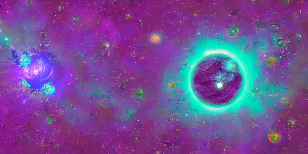 Image similar to A tumultuously ferocious pulsating bulging star corrupting the foreseeable universe, emancipating various forms of digital life forms made of purple goop and dark blue ooze, translating dark matter into corruption, trending on artstation, artstation futurism, artstation photography, 4k, 8k