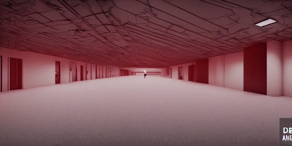 Prompt: a long angle shot of a big dark room with white lights on the celling and a long hallway at the end of the room with red lights on the celling, highly detailed, unreal engine, 4 k, dark, moody, noisy, game render, hyper realistic
