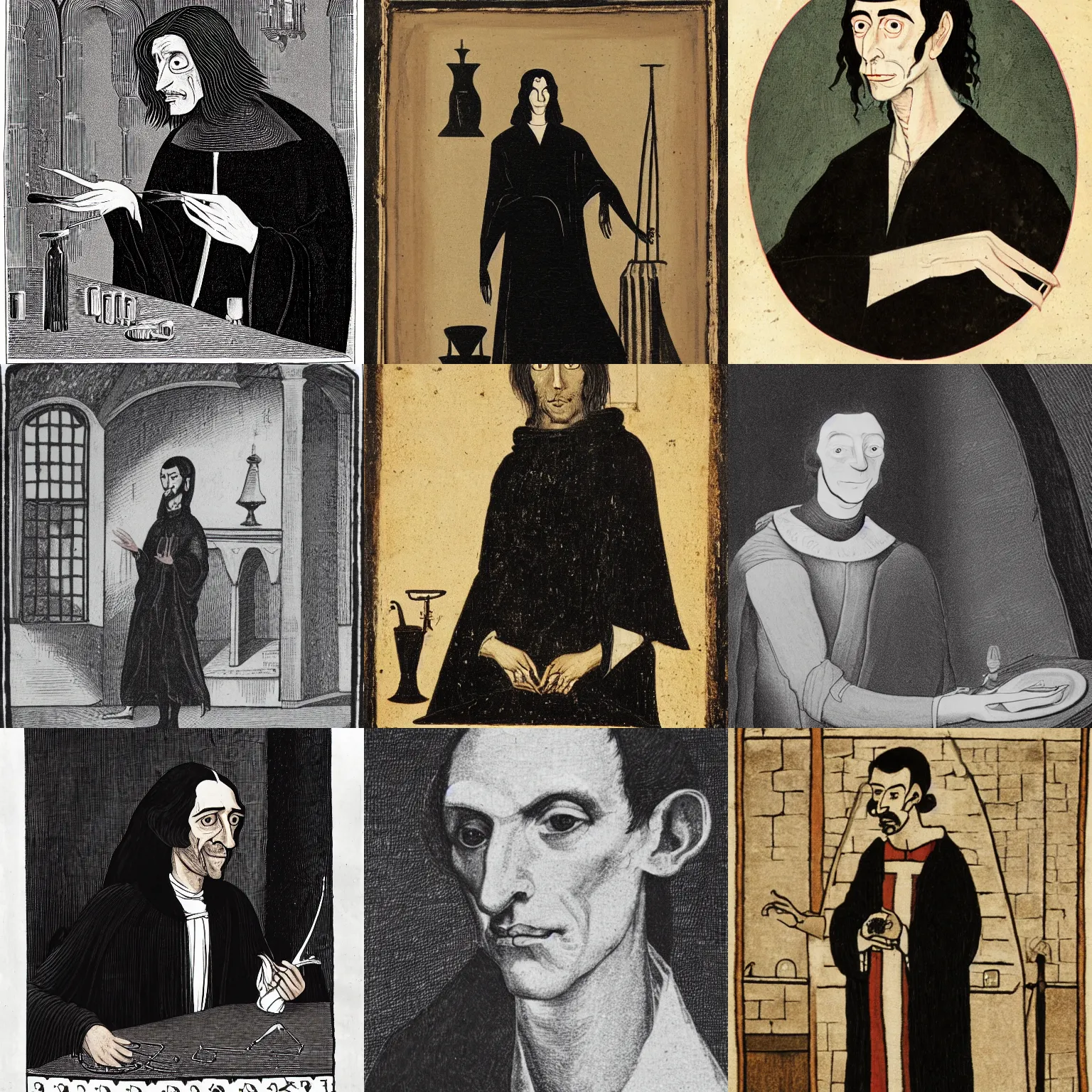 Prompt: Portrait of a thin man with sallow skin, long greasy black hair, a hooked nose and black eyes. He also dresses in a flowing black robe. He is standing in the room of a medieval castle. Potions, magic reagents and lab equipment are littering the tables around him.