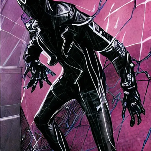 Image similar to goth emo spiderman in his alternate black cyberpunk suit