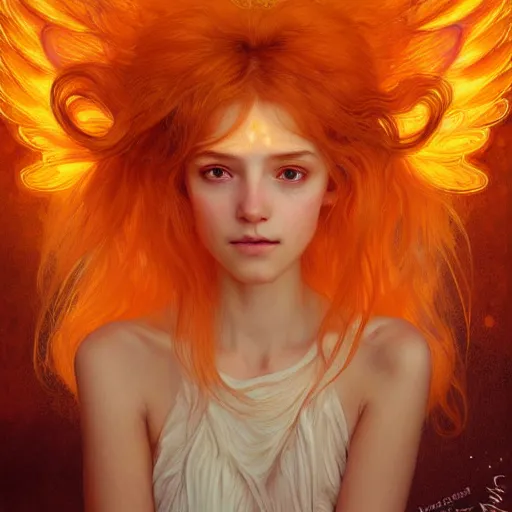 Image similar to Portrait of a girl angel with pale orange colored fuzzy frizzy hair, cat ears on her head, glowing halo, wings on her back, fantasy, intricate, elegant, highly detailed, digital painting, artstation, concept art, smooth, sharp focus, illustration, art by Krenz Cushart and Artem Demura and alphonse mucha