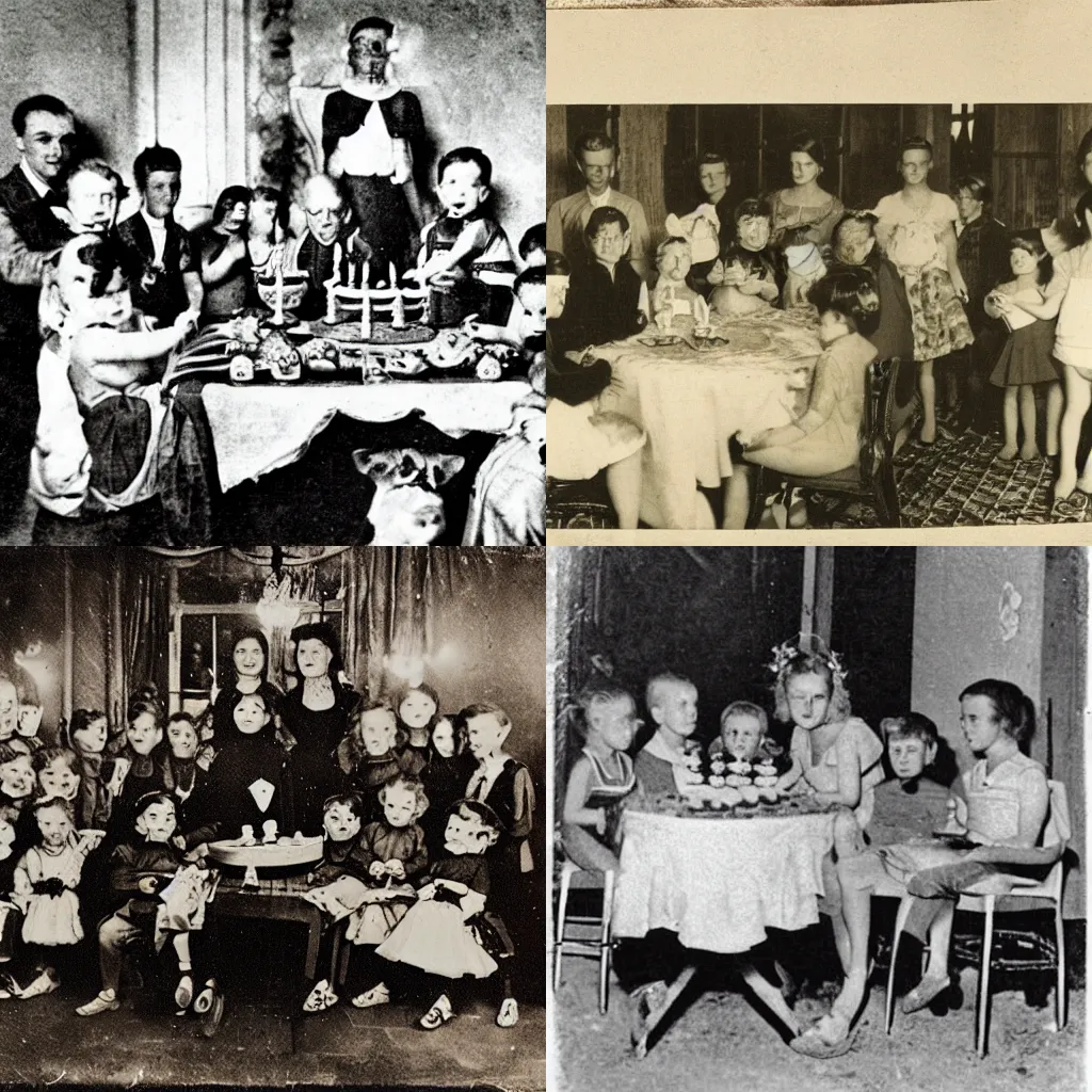Prompt: an ancient photograph depicting a birthday party, unsettling, creepy