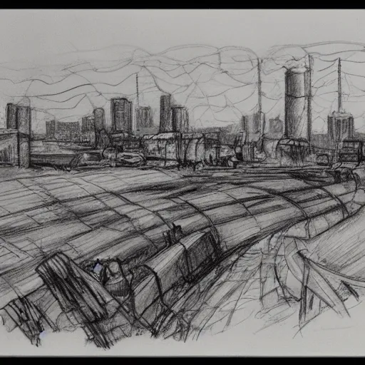 Image similar to milt kahl sketch of world war 1 trenches with the city of miami in the background