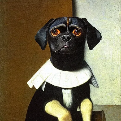 Image similar to a portrait of black pugalier dog wearing suit and tie, by vermeer,