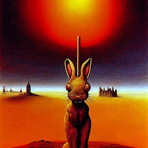 Image similar to a giant rabbit stands over a city painting by beksinski, by larry elmore, dali colors. masterpiece painting