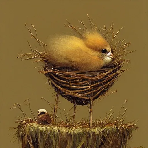 Prompt: soulful long shot of a cute fluffy furry sparrow chick nesting in a golden floral metal crown, by esao andrews, by m. w. kaluta, volumetric light, rich colors, very humorous oil painting, realistic reflections, smooth, concept art, depth perception, high depth of field, 4 k, unreal engine 5, ultradetailed, hyperrealistic, trending on artstation